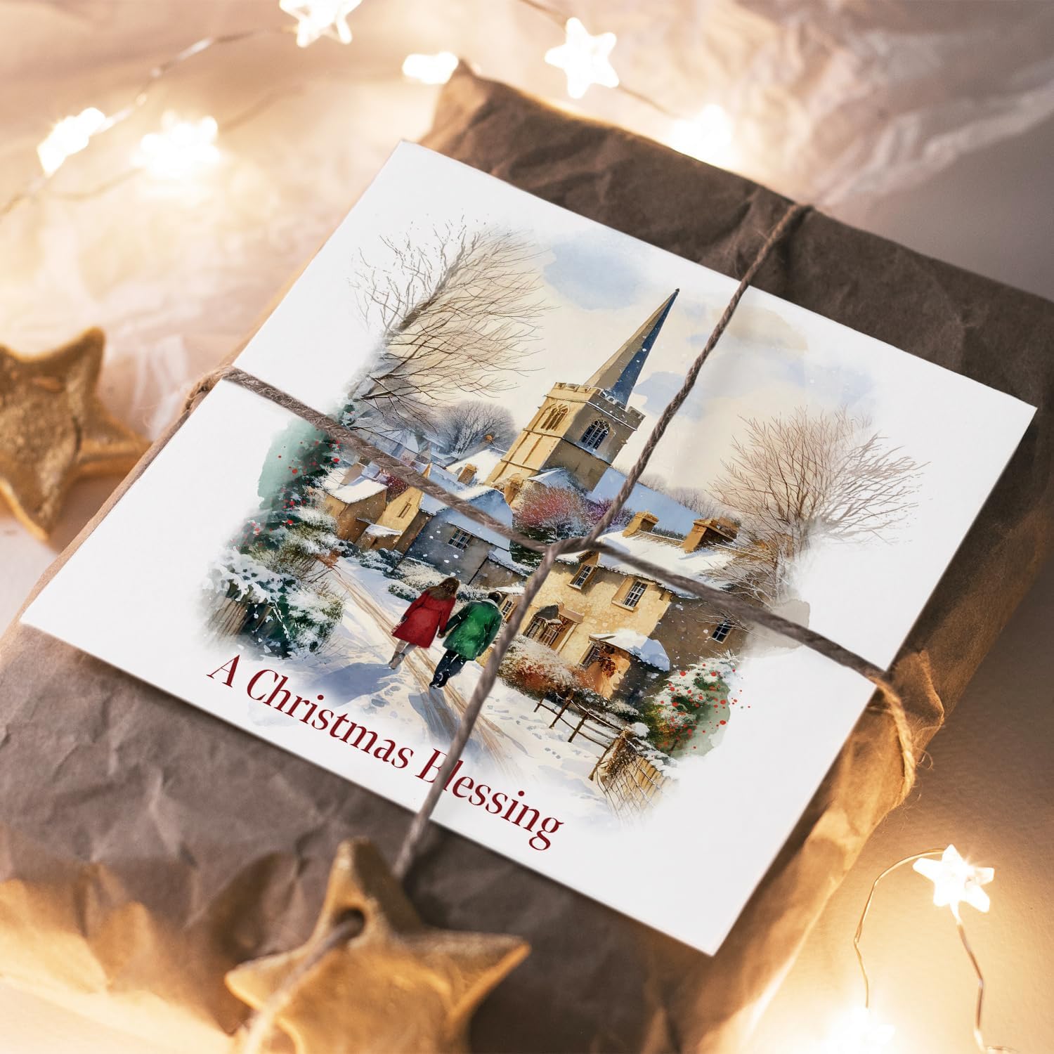 Charity Christmas Cards with Village Snow Scene, 150 x 150mm, Bible Verse, Set of 10, Supporting Compassion UK