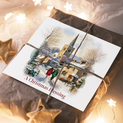 Charity Christmas Cards with Village Snow Scene, 150 x 150mm, Bible Verse, Set of 10, Supporting Compassion UK