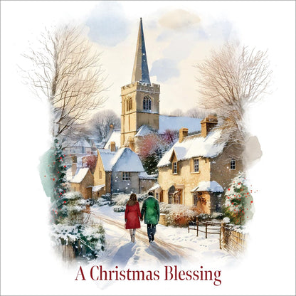 Charity Christmas Cards with Village Snow Scene, 150 x 150mm, Bible Verse, Set of 10, Supporting Compassion UK