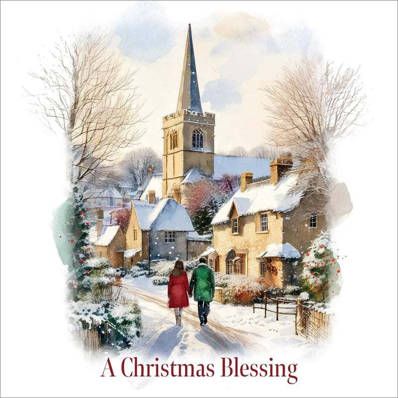 Charity Christmas Cards with Village Snow Scene, 150 x 150mm, Bible Verse, Set of 10, Supporting Compassion UK