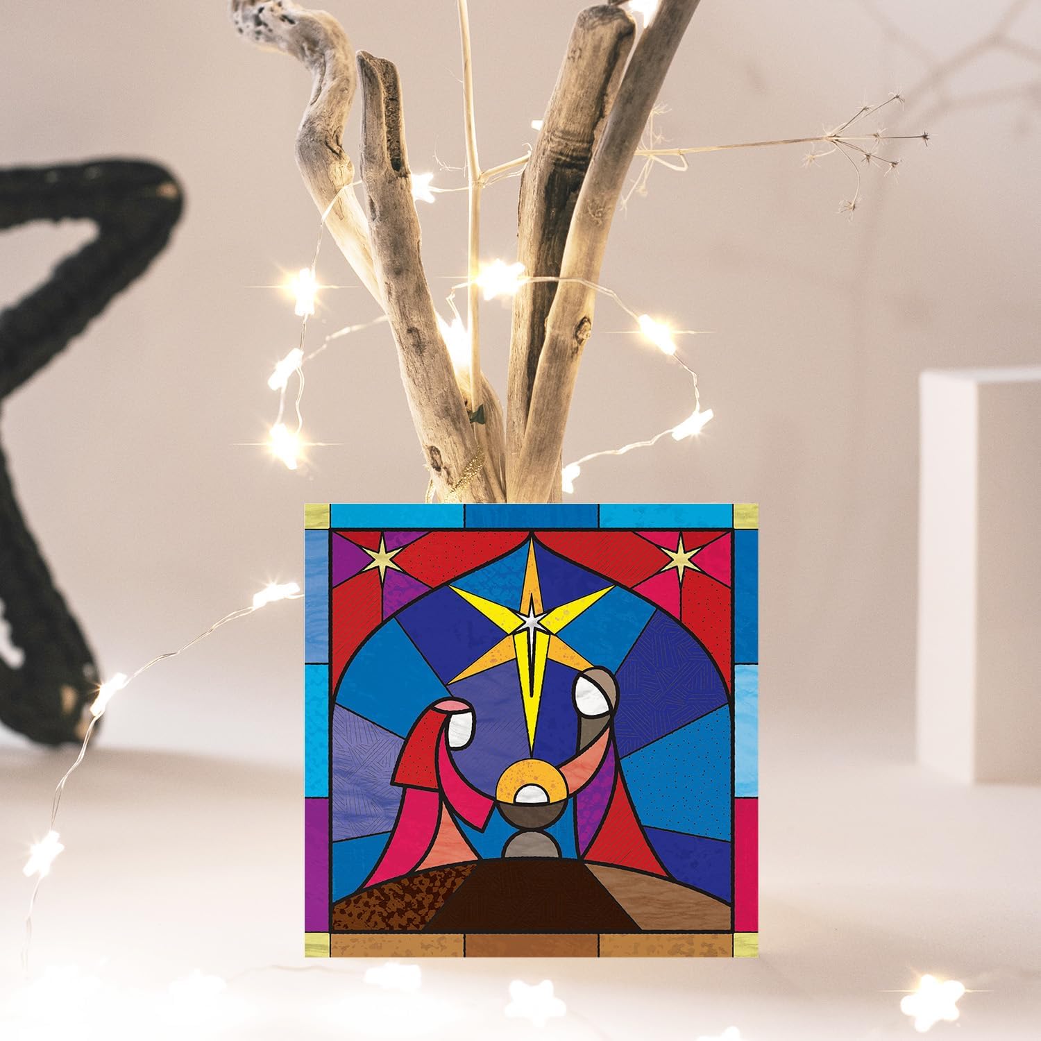 Compassion Charity Christmas Cards with Stained Glass Stable Design, 15 x 15 cm, Pack of 10 with Envelopes