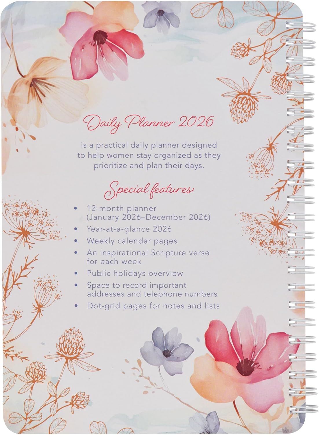 Christian Art Gifts Agenda 2026 da donna compatta a spirale, 12 mesi: Lord is My Strength Incoraggia la Scrittura, pianificazione quotidiana, organizzazione, appunti, appunti, attività, bianco e rosa