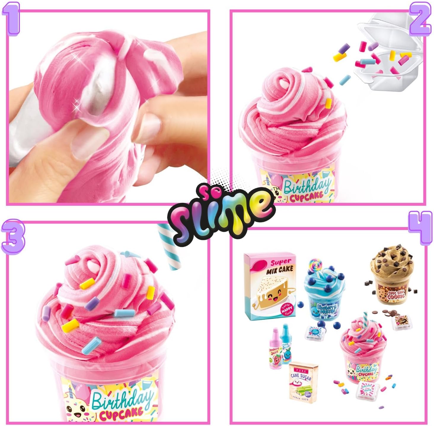 So Slime Yummy Twist & Slime 3 Pack. 3 Scrumptious Recipes to Create. Mix and swirl the yummy slime in three sweet themes: Birthday Cupcake, Strawberry Cake, and Blueberry Muffin!