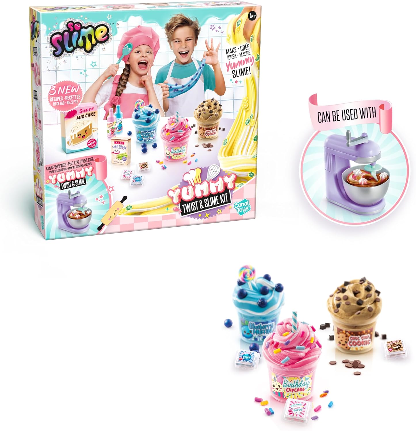So Slime Yummy Twist & Slime 3 Pack. 3 Scrumptious Recipes to Create. Mix and swirl the yummy slime in three sweet themes: Birthday Cupcake, Strawberry Cake, and Blueberry Muffin!