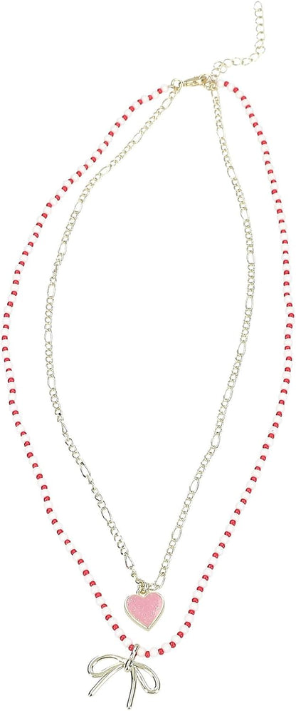 Topmodel - Double Layer Necklace Leoheart - Gold, Pink, White, Red - 46.5 Cm + 5 Cm