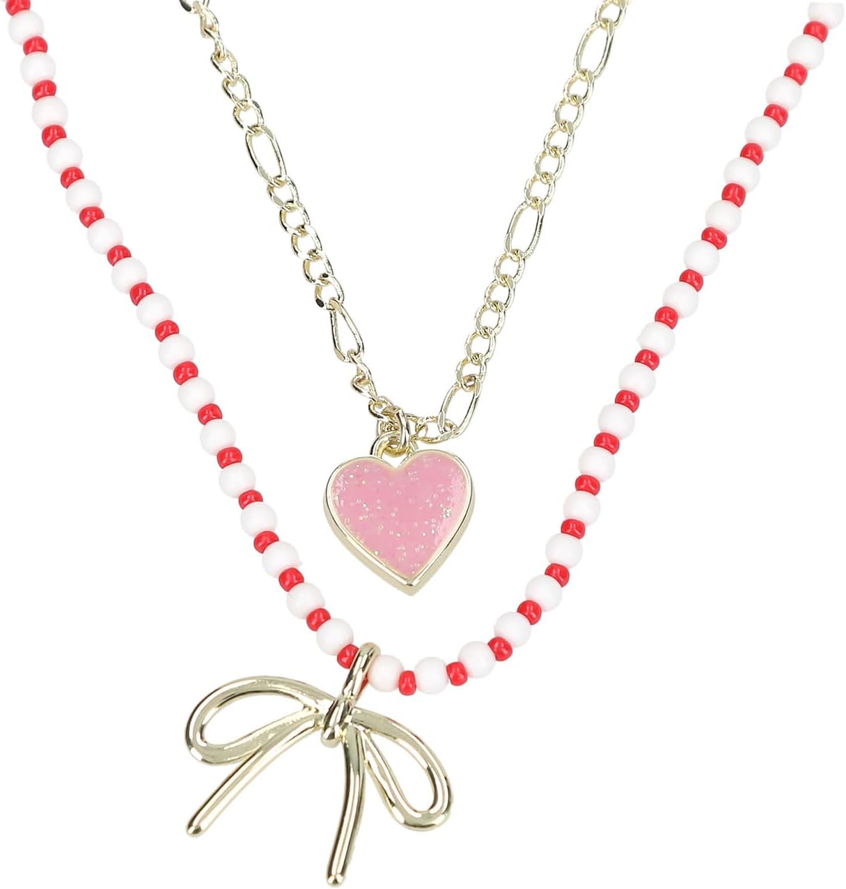 Topmodel - Double Layer Necklace Leoheart - Gold, Pink, White, Red - 46.5 Cm + 5 Cm