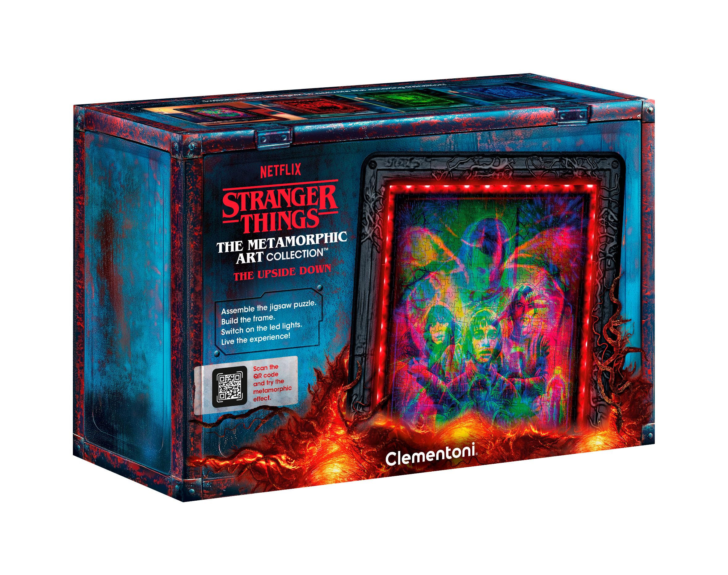 CLEMENTONI - Stranger Things - Puzzle Cadre Lumineux Le Monde à l’Envers - 520 pièces - Effets Visuels LED - 3 Images Révélées dans Le Noir - Dès 14 Ans - The Metamorphic Art Collection