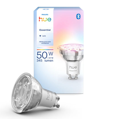 Philips Hue Essential Smart LED GU10 spot, White and Color Ambiance, 4,7 W, 2200-6500 K, 345 lumen, dimbaar, werkt met Alexa, Google Assistant en Apple Home, 1-pack