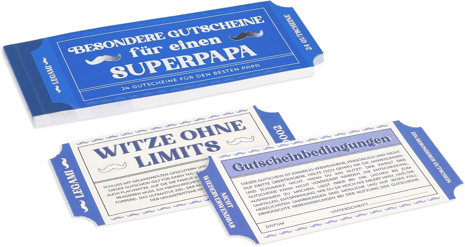 Legami - Pad of 24 Vouchers for Dads in German Language - Family Activities - Tear-Off Coupons - Gift Idea - Dad Theme - 8" x 3.3"