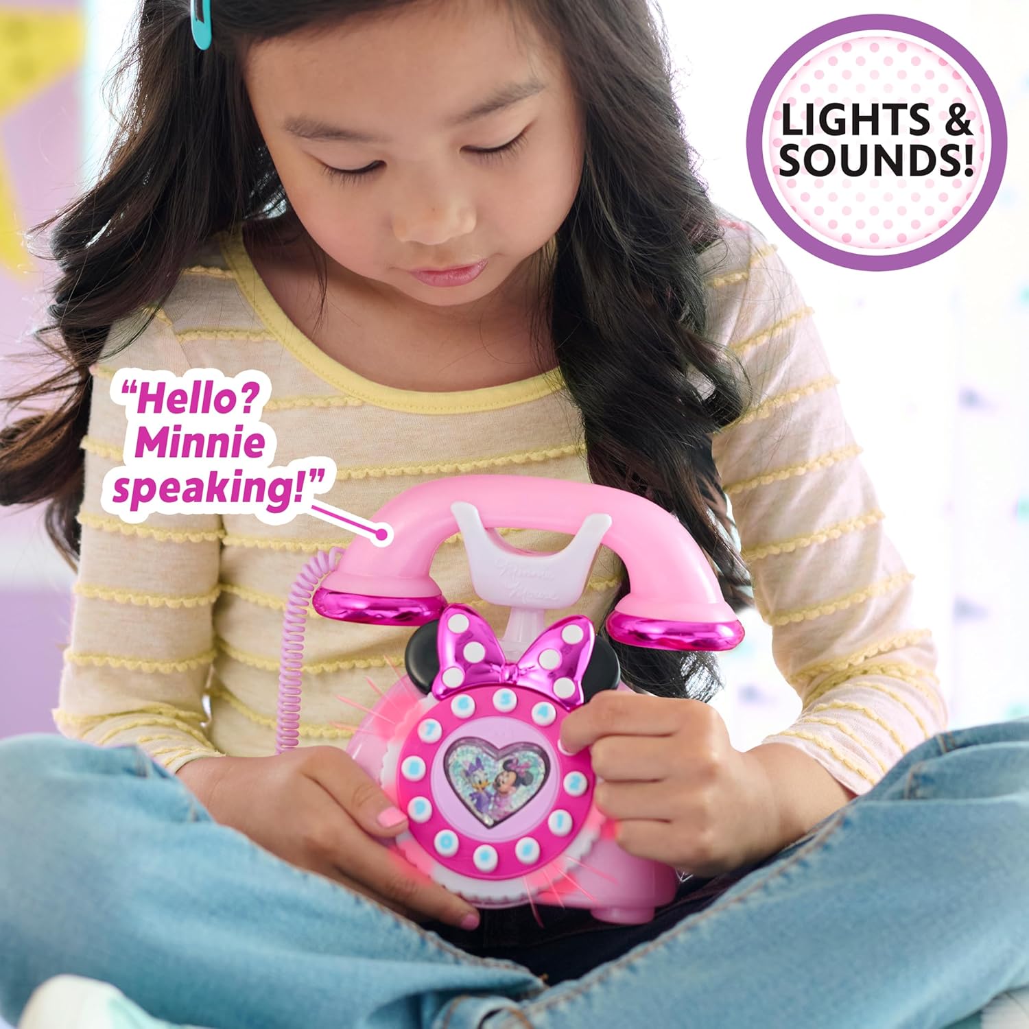 Just Play Disney Junior Minnie Mouse Ring Me Rotary Style Phone with Lights and Sounds, Pink, Kids Toys for Ages 3 Up