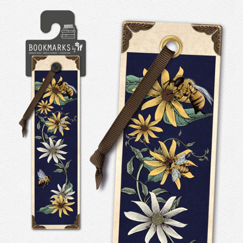 IF Vintage Bookmarks - Bees & Flowers, Cardboard, 12 Pcs with Brass Eyelet, Old Gold Ribbon, Faux Printed Metal Corner Detailing