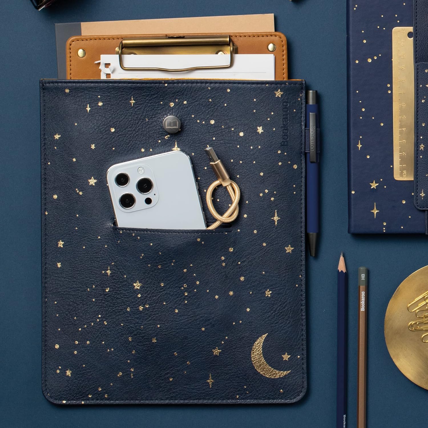 IF Bookaroo Books Stuff Pouch - Moon & Stars, Dark Blue/Gold
