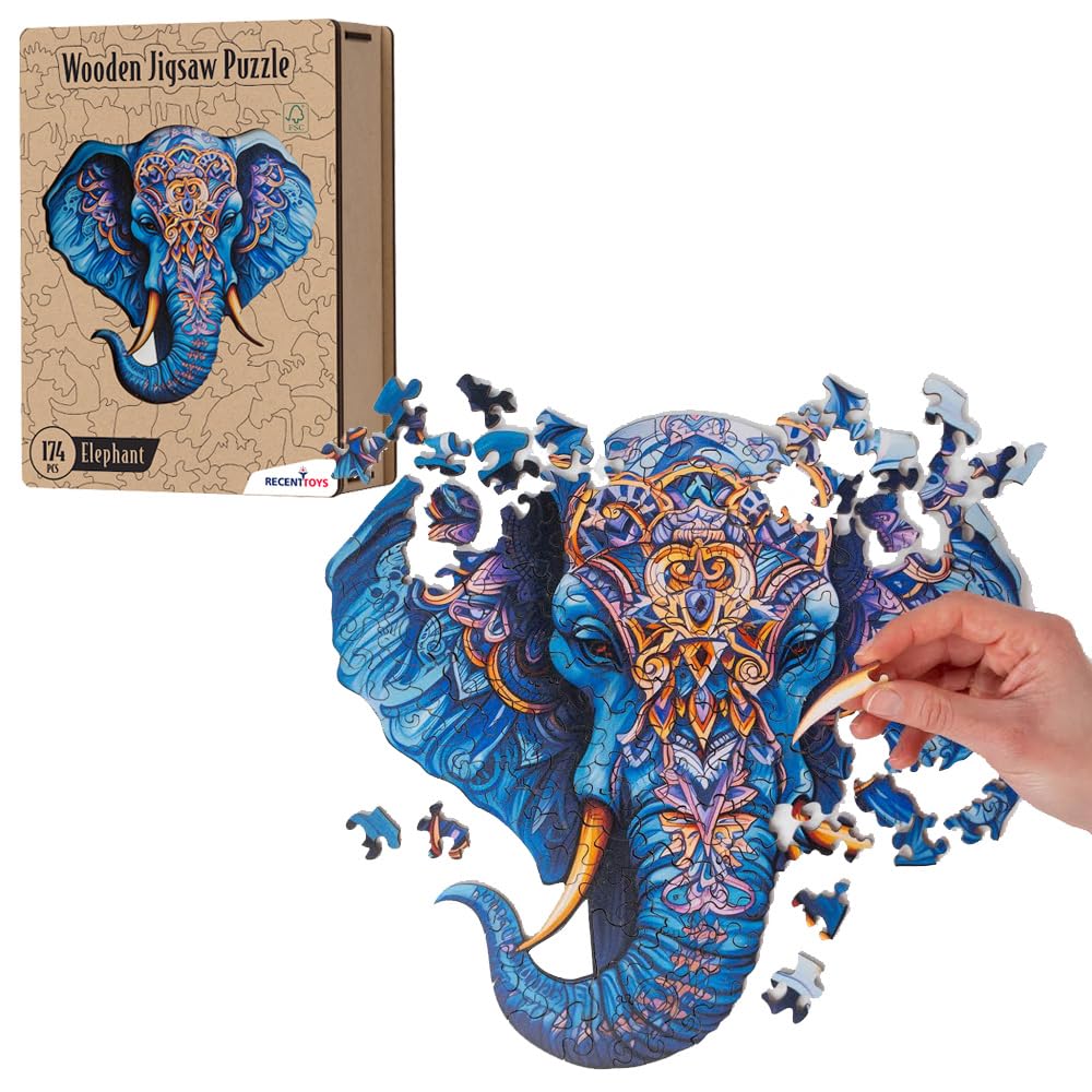 Recent Toys Wooden Jigsaw Puzzle Elephant for Adults and Kids.174 Piece puzzle, large size 30 x 29.5cm with Unique Shaped pieces. Includes wooden storage gift box and stand.