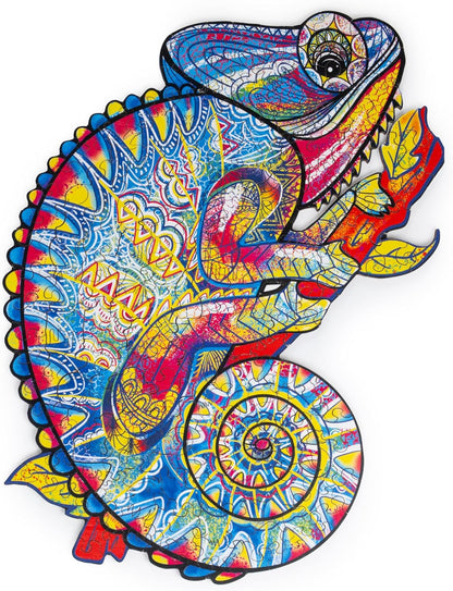 Recent Toys Wooden Jigsaw Puzzle Chameleon for Adults and Kids.195 Piece puzzle, large size 28 x 36cm with Unique Shaped pieces. Includes wooden storage gift box and stand.