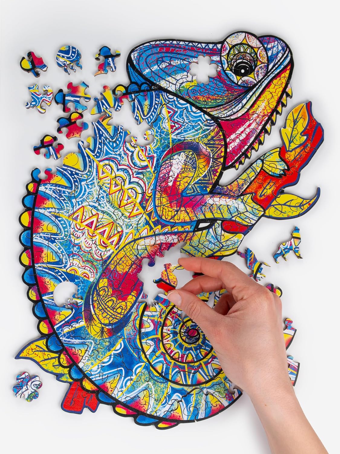 Recent Toys Wooden Jigsaw Puzzle Chameleon for Adults and Kids.195 Piece puzzle, large size 28 x 36cm with Unique Shaped pieces. Includes wooden storage gift box and stand.