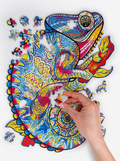 Recent Toys Wooden Jigsaw Puzzle Chameleon for Adults and Kids.195 Piece puzzle, large size 28 x 36cm with Unique Shaped pieces. Includes wooden storage gift box and stand.