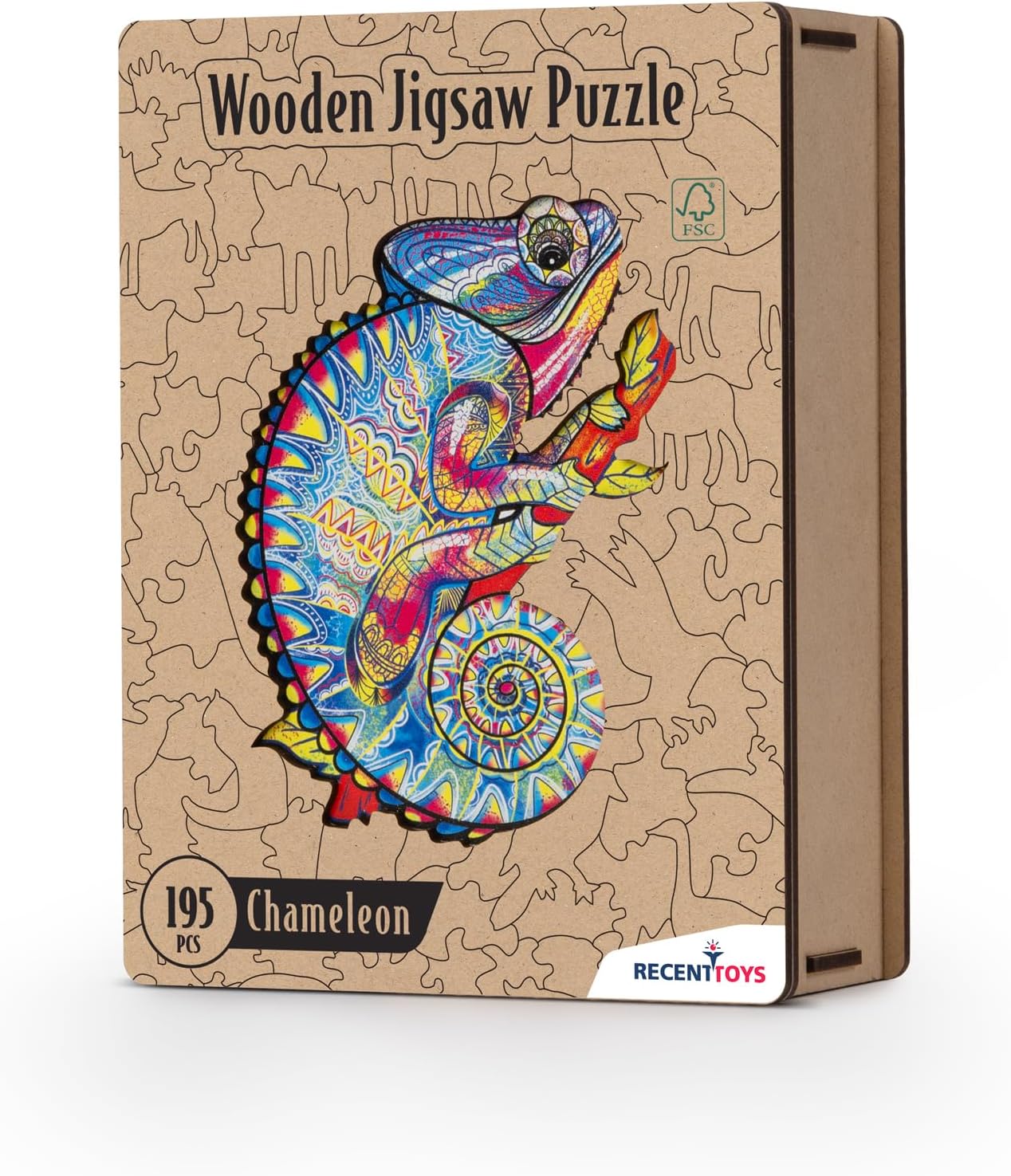 Recent Toys Wooden Jigsaw Puzzle Chameleon for Adults and Kids.195 Piece puzzle, large size 28 x 36cm with Unique Shaped pieces. Includes wooden storage gift box and stand.