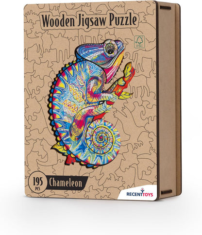 Recent Toys Wooden Jigsaw Puzzle Chameleon for Adults and Kids.195 Piece puzzle, large size 28 x 36cm with Unique Shaped pieces. Includes wooden storage gift box and stand.