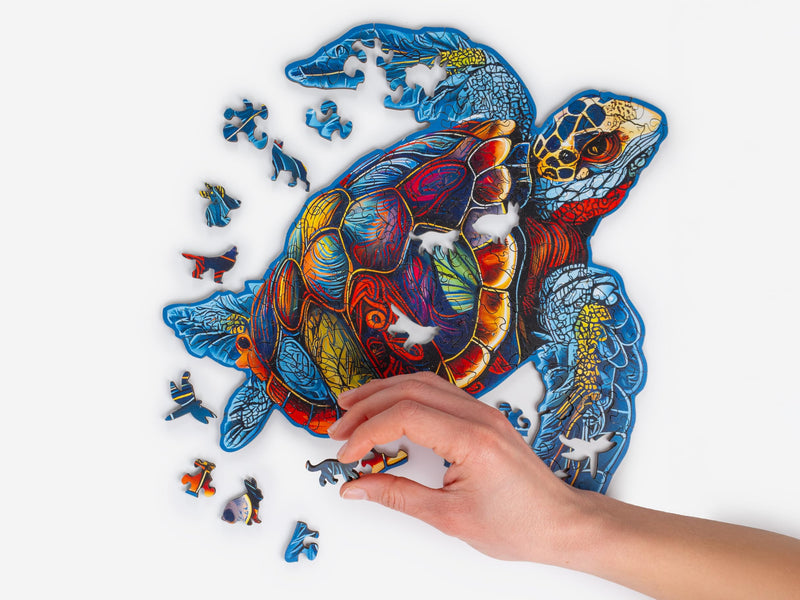 Recent Toys Wooden Jigsaw Puzzle Turtle for Adults and Kids.189 Piece puzzle, large size 28 x 31 cm with Unique Shaped pieces. Includes wooden storage gift box and stand.