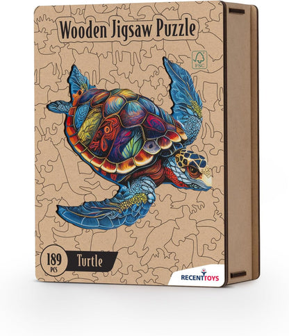 Recent Toys Wooden Jigsaw Puzzle Turtle for Adults and Kids.189 Piece puzzle, large size 28 x 31 cm with Unique Shaped pieces. Includes wooden storage gift box and stand.