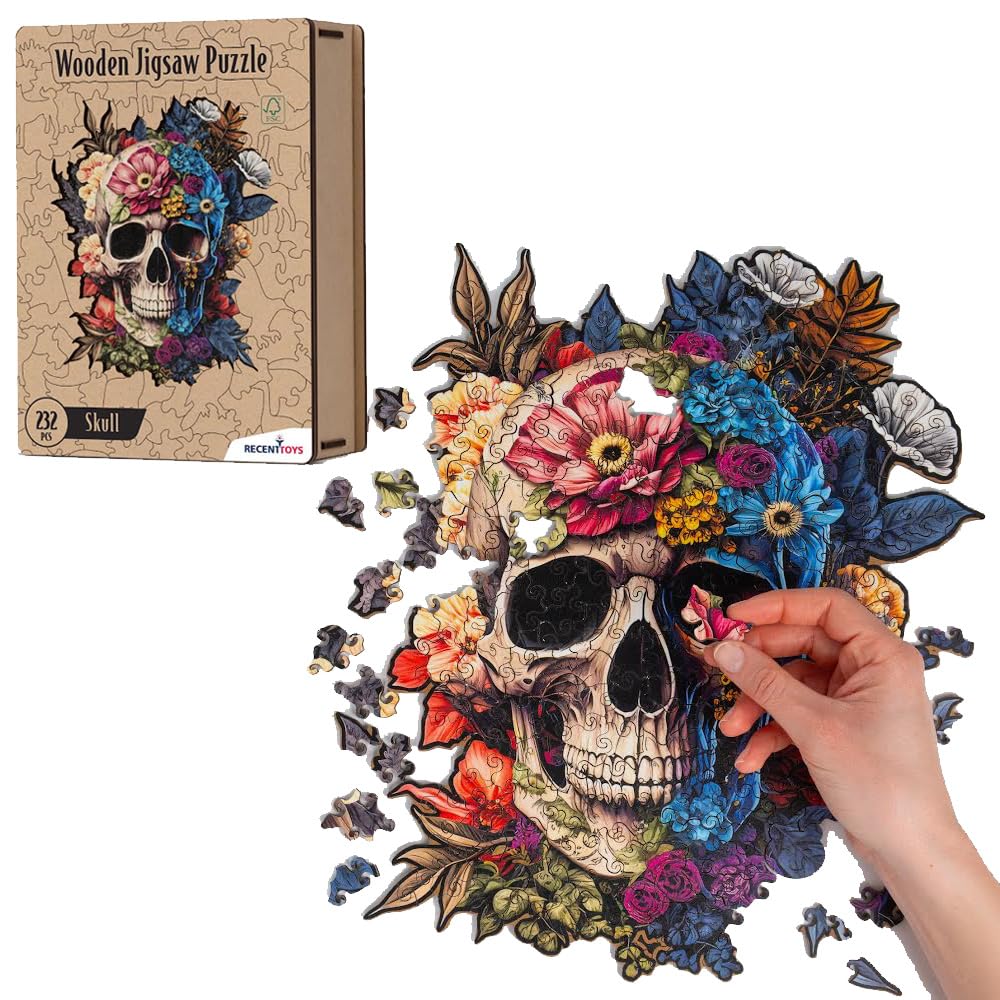 Recent Toys Wooden Jigsaw Puzzle Fantasy Skull for Adults and Kids.232 Piece puzzle, large size 29 x 34 cm with Unique Shaped pieces. Includes wooden storage gift box and stand.