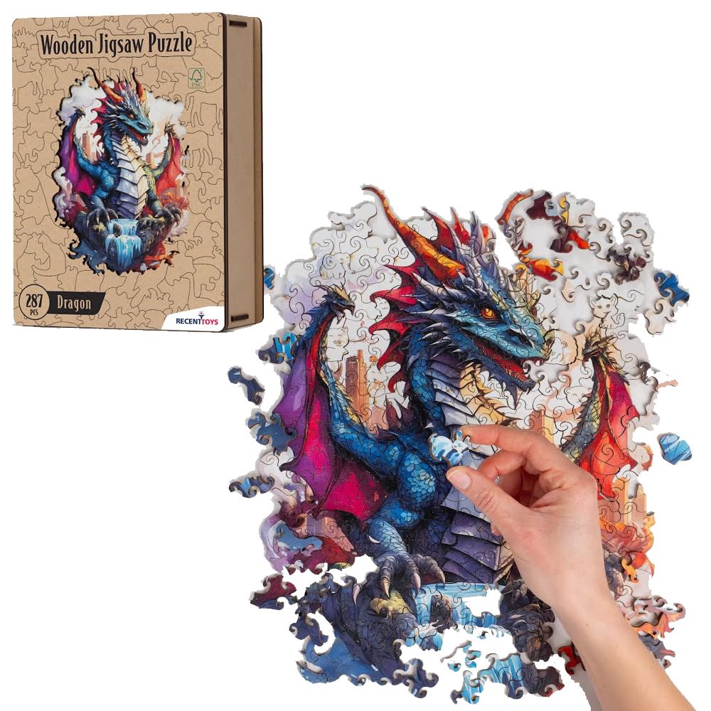 Recent Toys Wooden Jigsaw Puzzle Fantasy Dragon for Adults and Kids.287 Piece puzzle, large size 29 x 39 cm with Unique Shaped pieces. Includes wooden storage gift box and stand.