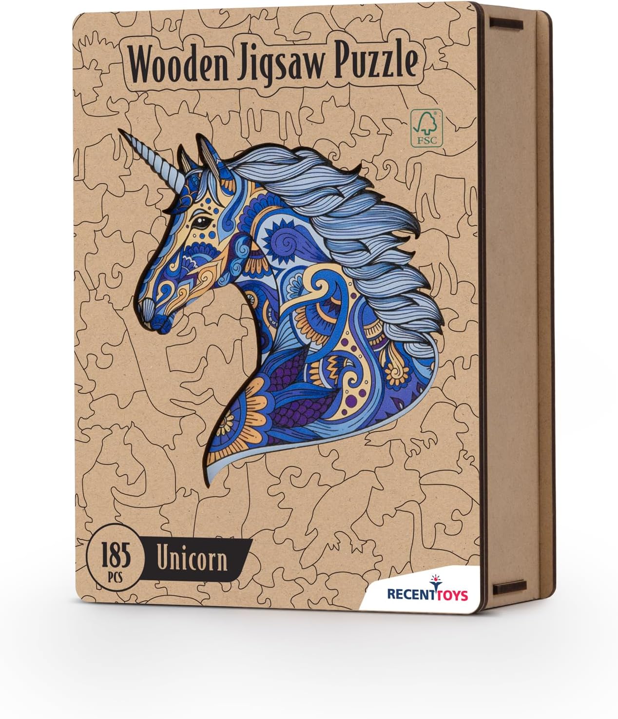 Recent Toys Wooden Jigsaw Puzzle Unicorn for Adults and Kids.185 Piece puzzle, large size 26 x 31 cm with Unique Shaped pieces. Includes wooden storage gift box and stand.