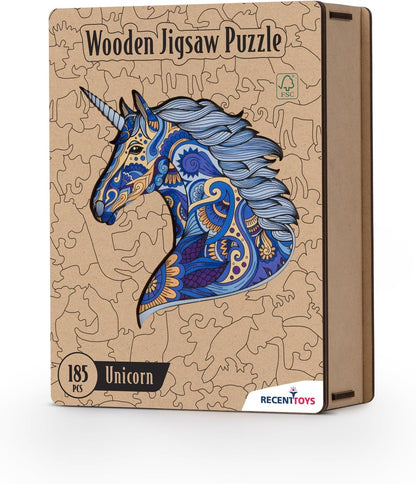 Recent Toys Wooden Jigsaw Puzzle Unicorn for Adults and Kids.185 Piece puzzle, large size 26 x 31 cm with Unique Shaped pieces. Includes wooden storage gift box and stand.