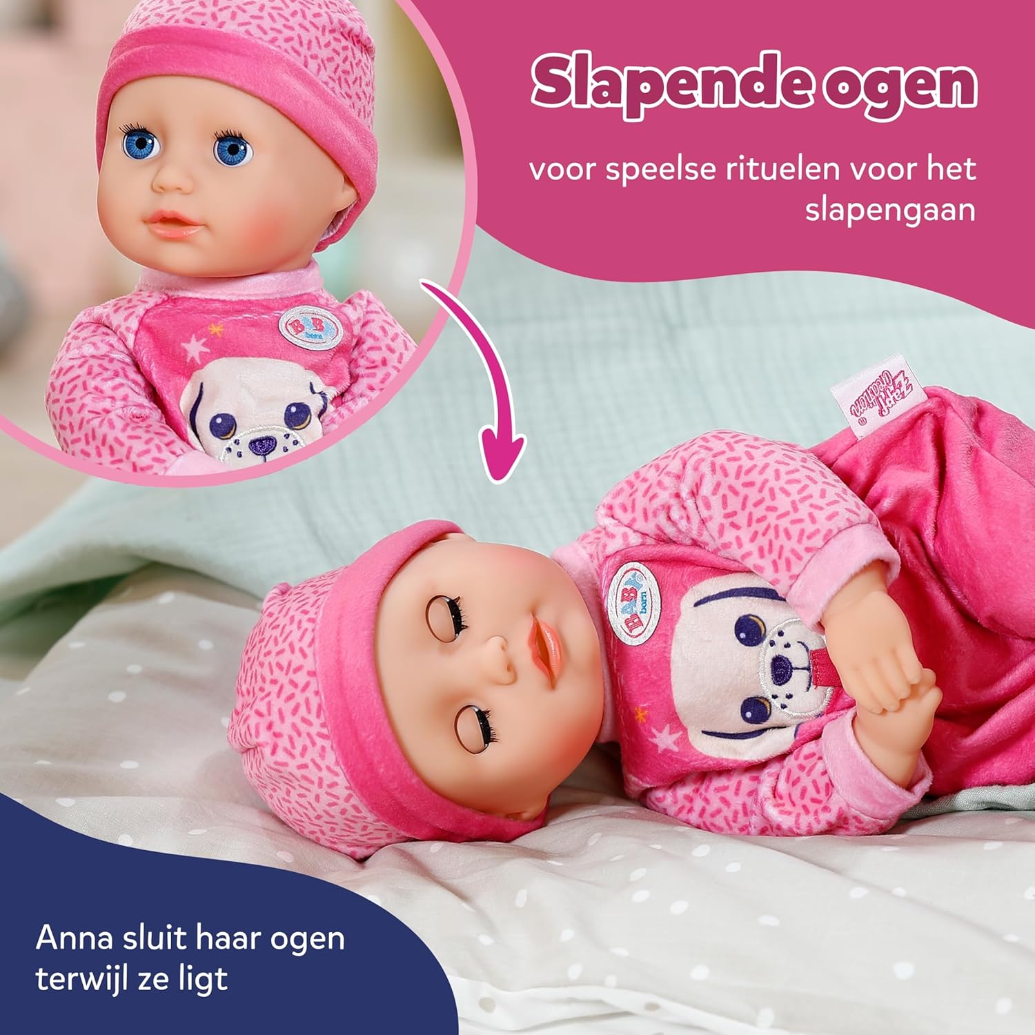 BABY born Anna met roze romper, zachte 36 cm grote babypop met stoffen lichaam en slaapogen incl. flesje