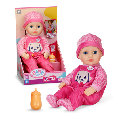 BABY born Anna met roze romper, zachte 36 cm grote babypop met stoffen lichaam en slaapogen incl. flesje