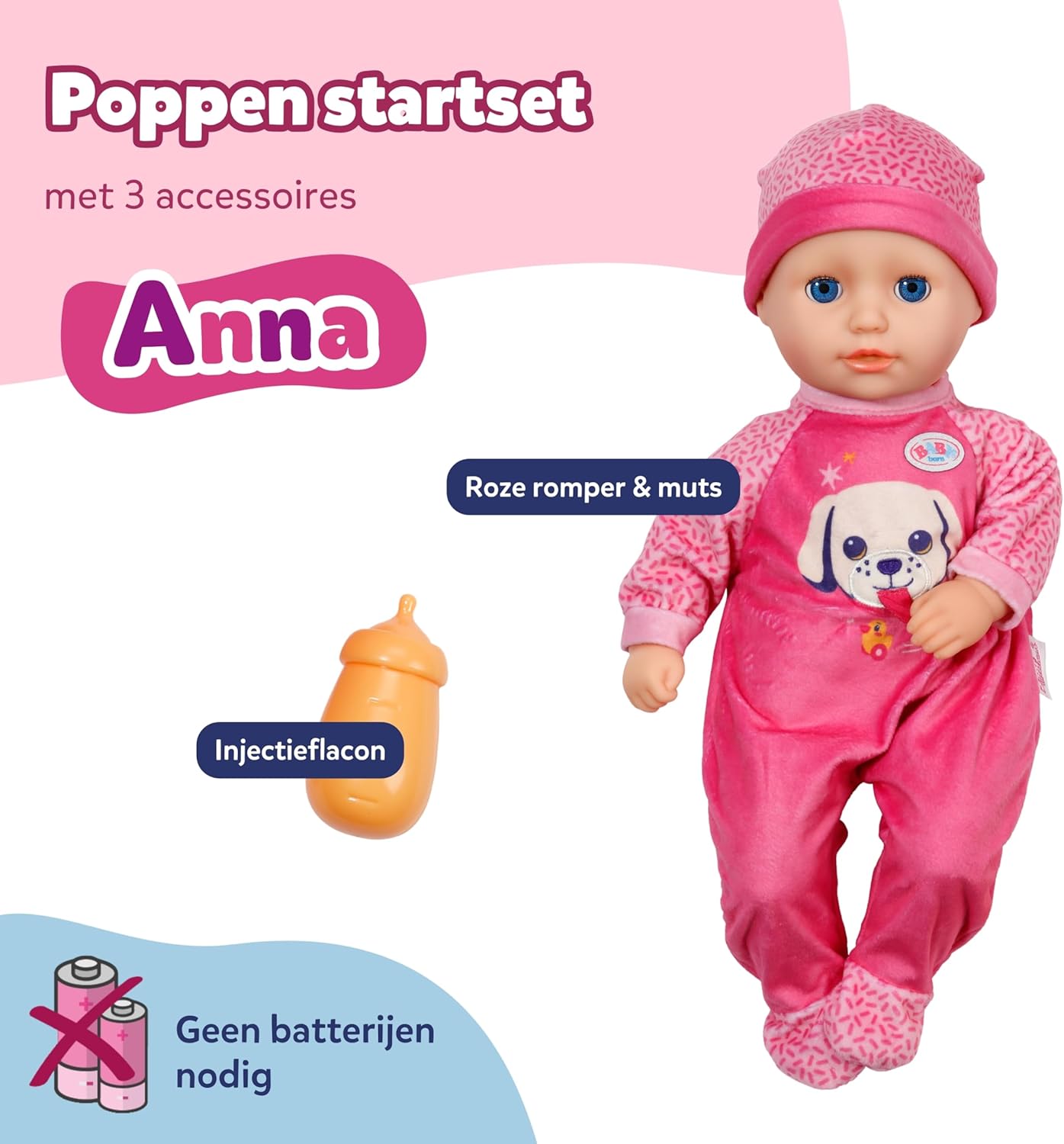 BABY born Anna met roze romper, zachte 36 cm grote babypop met stoffen lichaam en slaapogen incl. flesje
