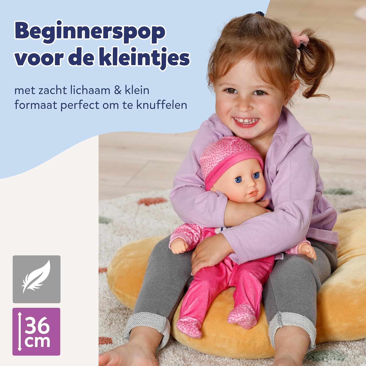 BABY born Anna met roze romper, zachte 36 cm grote babypop met stoffen lichaam en slaapogen incl. flesje