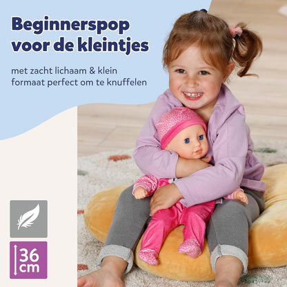 BABY born Anna met roze romper, zachte 36 cm grote babypop met stoffen lichaam en slaapogen incl. flesje