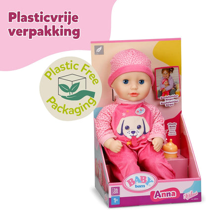 BABY born Anna met roze romper, zachte 36 cm grote babypop met stoffen lichaam en slaapogen incl. flesje