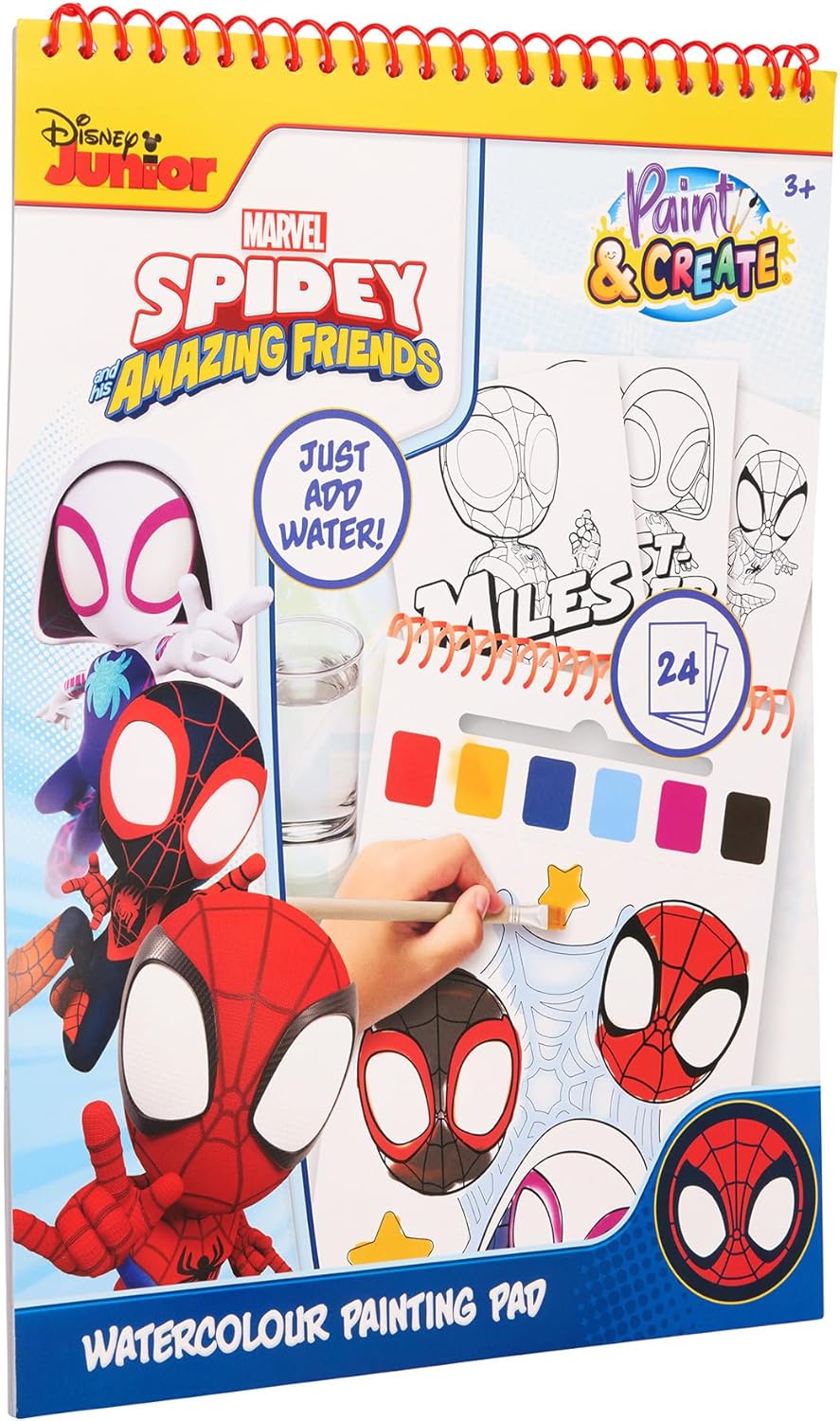 Disney Spidey en Zijn Vrienden - Waterverf Kleurboek - 24 Aquarelplaten met Penseel - Klaar voor Gebruik met Water - Creatief Speelgoed vanaf 3 Jaar (SP24355