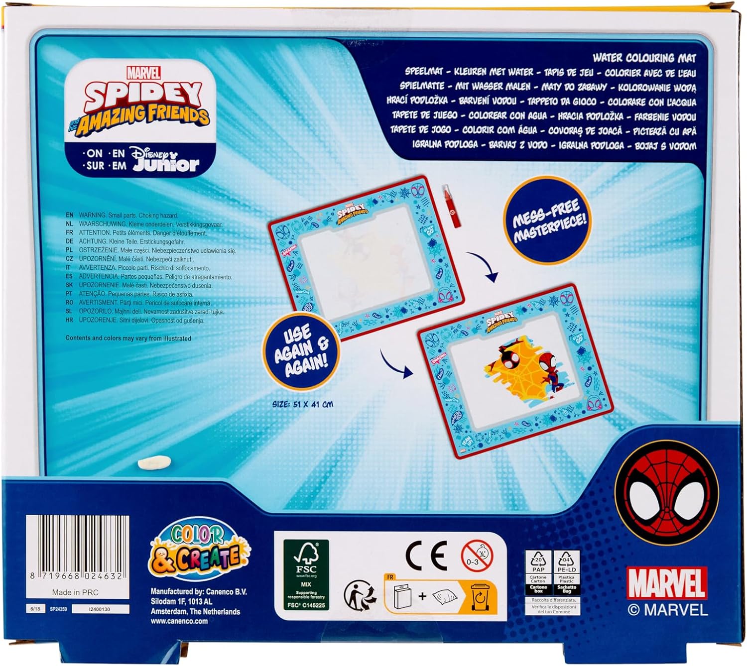 Spidey SP24359 Waterverfmat, Marvel-waterverfmat voor kinderen, herbruikbare tekenset met pen, schoon schilderen zonder chaos, creatief Disney speelgoed voor jongens en meisjes