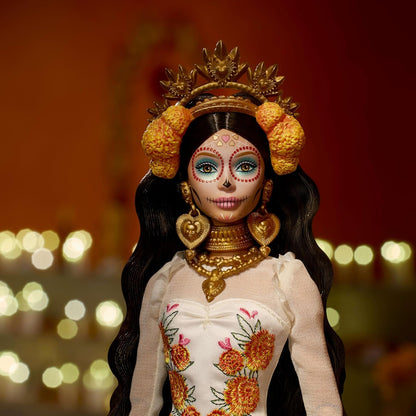 Barbie Signature Doll, Día De Muertos 2025 Collectible in Ruffled Cream Gown Trimmed with Marigolds and Ribbon, Flower Crown and Calavera Face Paint, JBJ05
