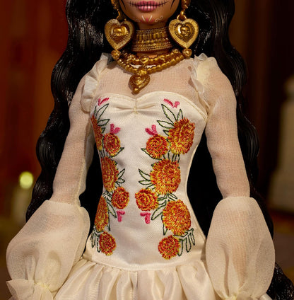 Barbie Signature Doll, Día De Muertos 2025 Collectible in Ruffled Cream Gown Trimmed with Marigolds and Ribbon, Flower Crown and Calavera Face Paint, JBJ05