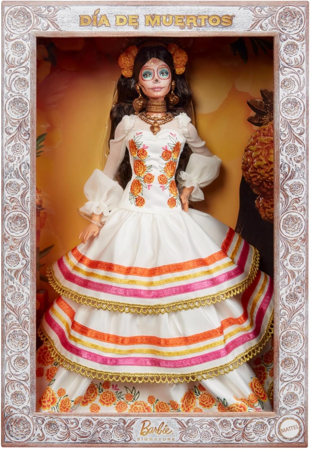 Barbie Signature Doll, Día De Muertos 2025 Collectible in Ruffled Cream Gown Trimmed with Marigolds and Ribbon, Flower Crown and Calavera Face Paint, JBJ05