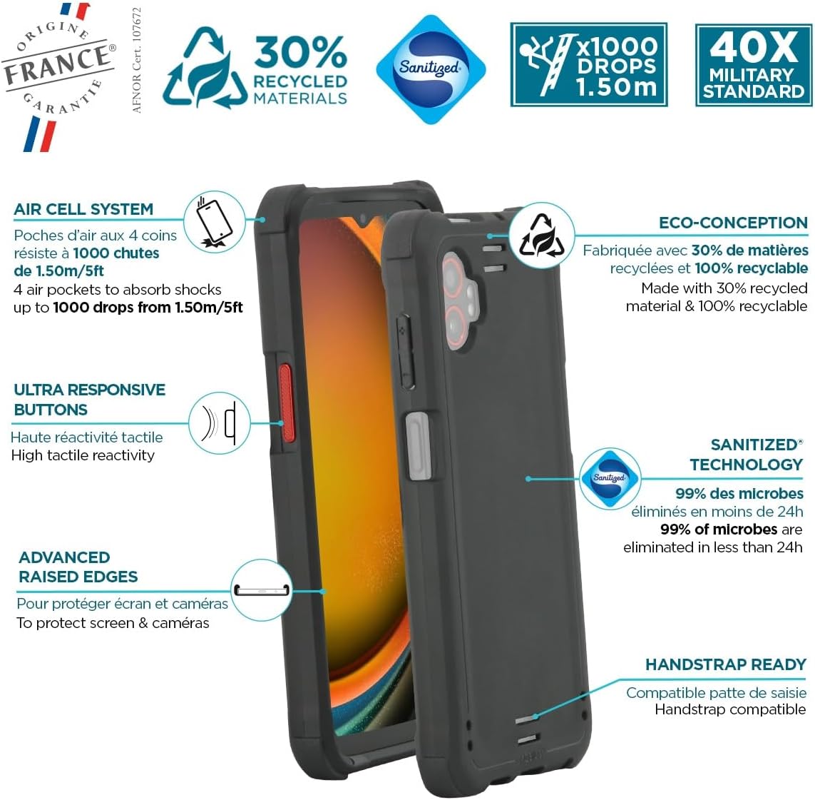 MOBILIS Case Compatible with Samsung Galaxy XCover 7 Pro, Shock-Resistant Protective Bumper Case, 40x Higher Than Military Standard, Recycled, Antimicrobial, Black