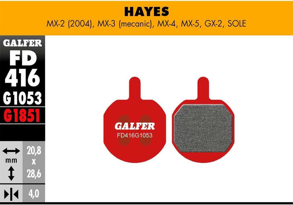 Hayes Plaquettes de Frein Galfer 3 4 MX-5 Gx-2 Sole Advanced vélo G1851 Adulte Unisexe, Rouge, Taille Unique