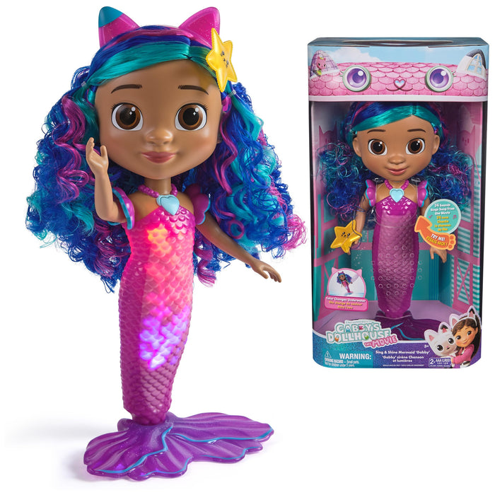 Gabby's Dollhouse: The Movie, Sing & Shine Mermaid Gabby, Waterproof Mermaid Doll with Lights and Sounds, Kids Toys for Girls & Boys Ages 3 and Up