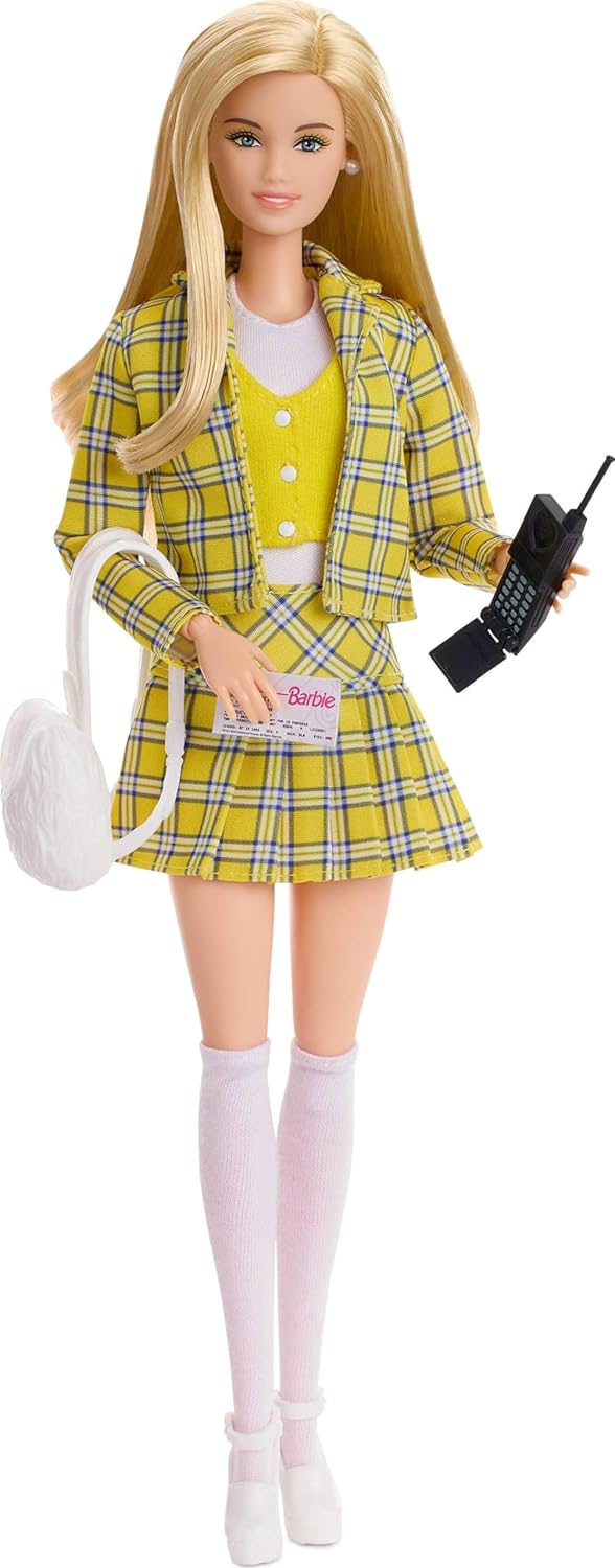Barbie Signature Doll, Clueless Cher Collectible in Yellow Plaid Suit with Backpack, Cell Phone, & Learner’s Permit Accessories, JBJ34