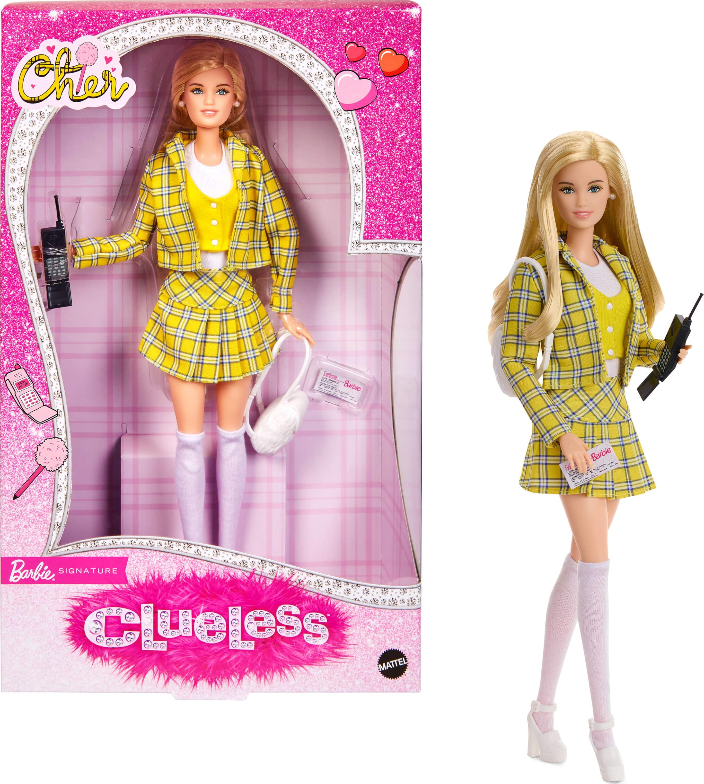Barbie Signature Doll, Clueless Cher Collectible in Yellow Plaid Suit with Backpack, Cell Phone, & Learner’s Permit Accessories, JBJ34