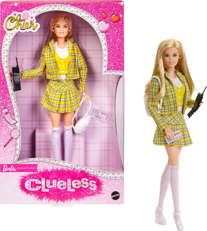 Barbie Signature Doll, Clueless Cher Collectible in Yellow Plaid Suit with Backpack, Cell Phone, & Learner’s Permit Accessories, JBJ34
