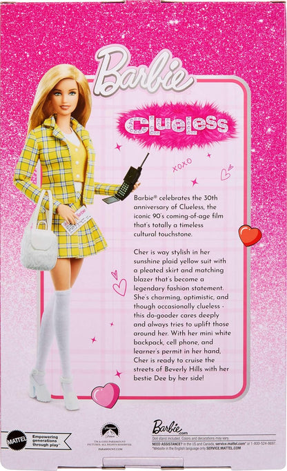Barbie Signature Doll, Clueless Cher Collectible in Yellow Plaid Suit with Backpack, Cell Phone, & Learner’s Permit Accessories, JBJ34