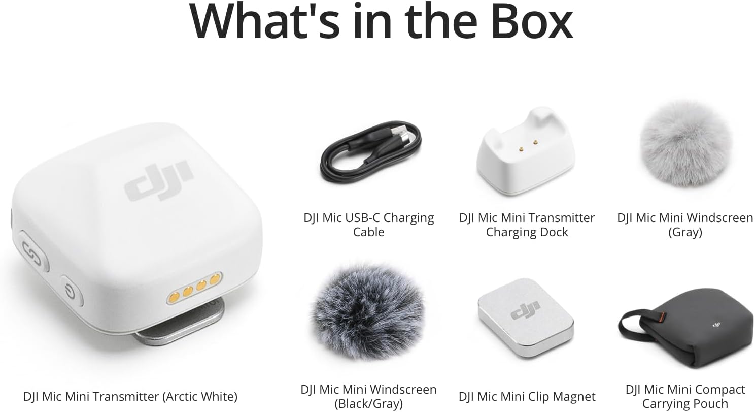 DJI Mic Mini Transmitter (Arctic White), Wireless Lavalier Microphone, Ultralight, Detail-Rich Audio, OsmoAudio, Noise Cancelling, Clip On Bluetooth Phone Microphone for Camera/iPhone/Android