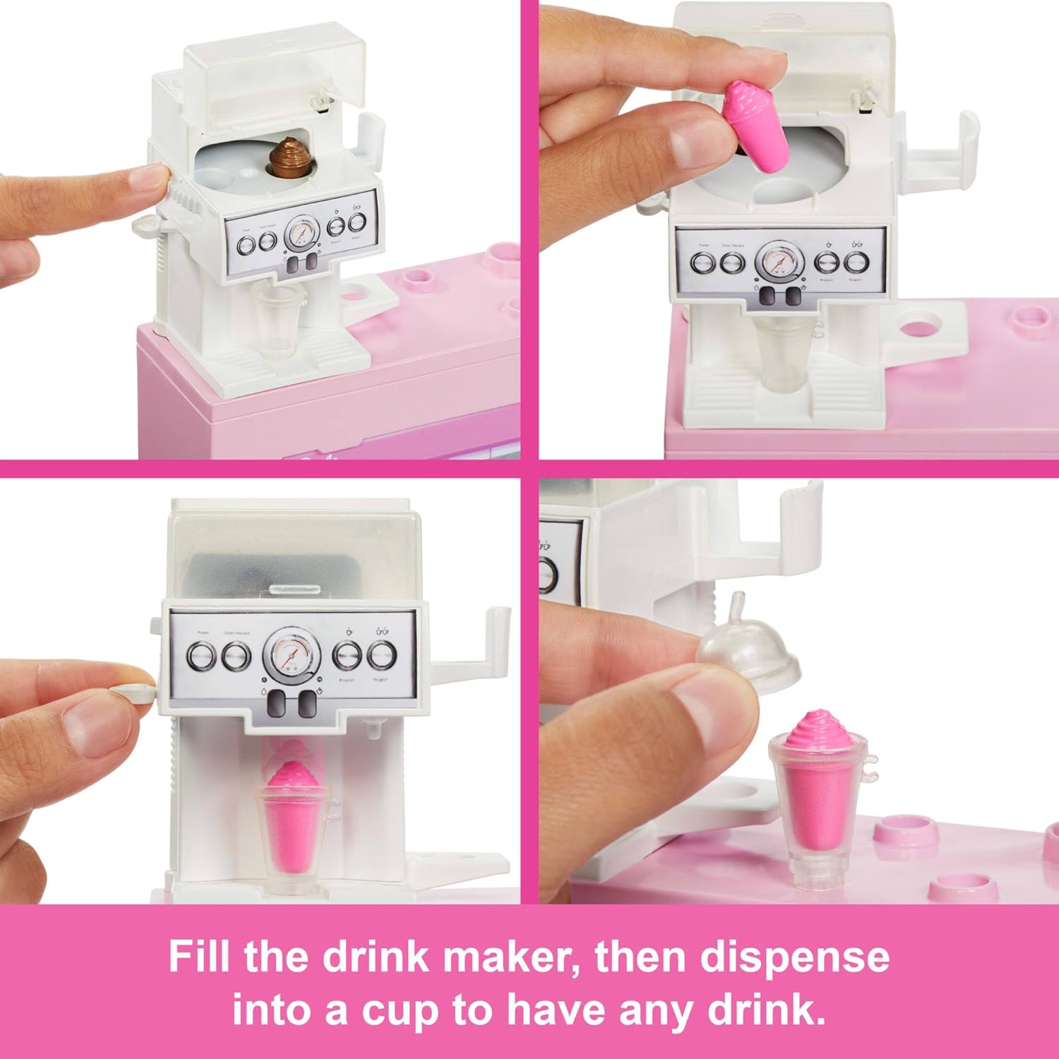 Barbie Koffiebar, speelset met blonde baristapop en 12 accessoires, waaronder koffiezetapparaat/smoothiemaker, levensmiddelen, kopjes en meer, HXN94