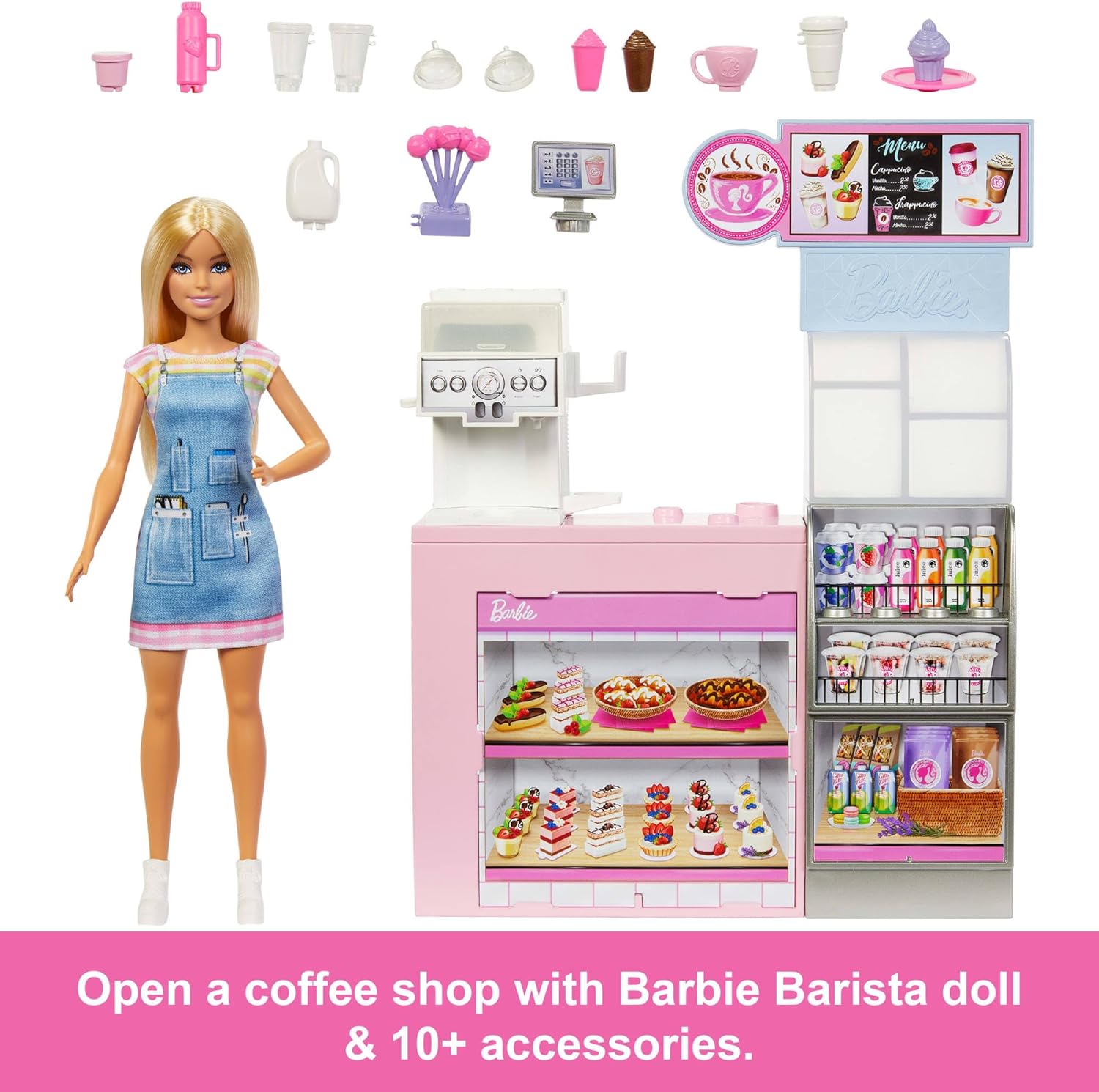 Barbie Koffiebar, speelset met blonde baristapop en 12 accessoires, waaronder koffiezetapparaat/smoothiemaker, levensmiddelen, kopjes en meer, HXN94