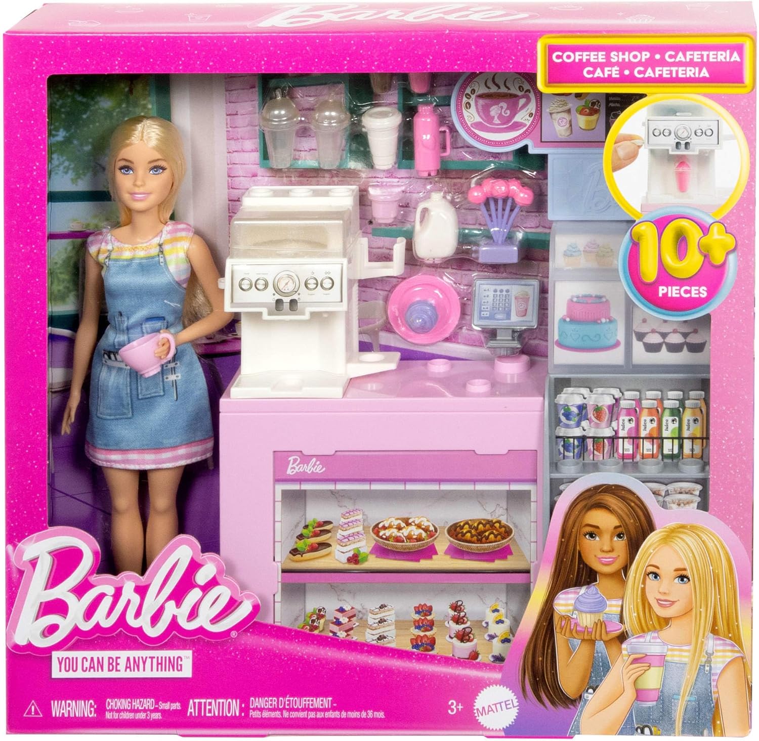 Barbie Koffiebar, speelset met blonde baristapop en 12 accessoires, waaronder koffiezetapparaat/smoothiemaker, levensmiddelen, kopjes en meer, HXN94